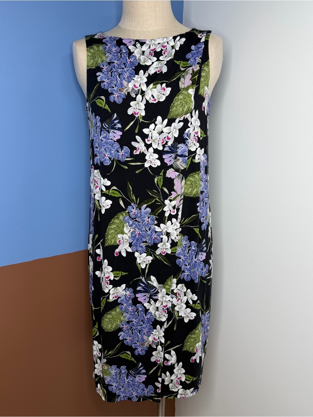 J. Jill Floral Orchid Print Knit Dress Black Purple Sleeveless Cottage Small NWT